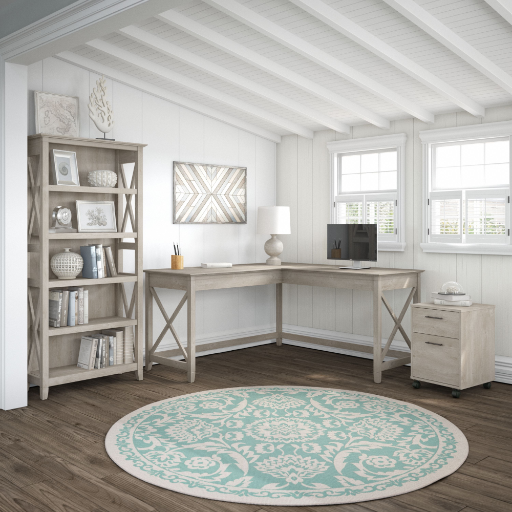Shop Bush Furniture Key West 60W L Shaped Desk with 2 Drawer Mobile File Cabinet and 5 Shelf Bookcase, Image 01, KWS016WG, #color_washed gray