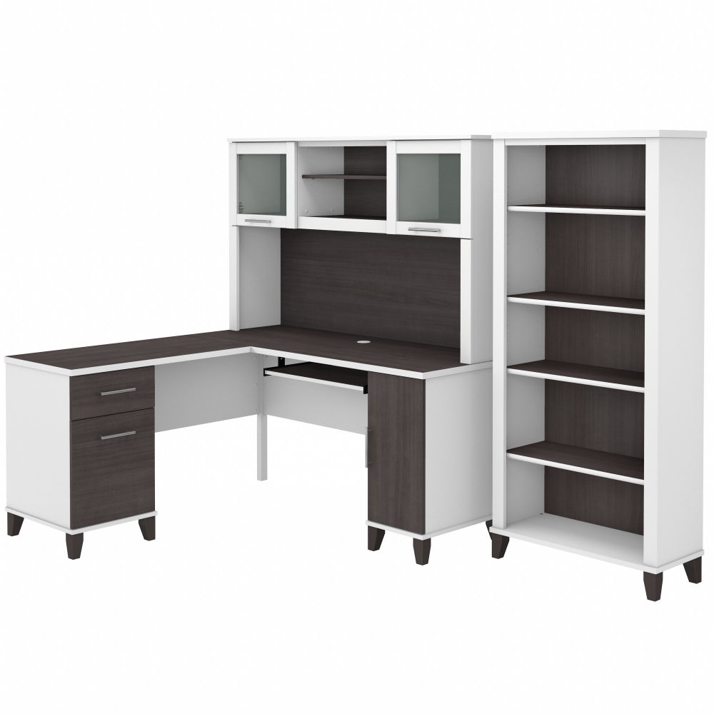 Shop Bush Furniture Somerset 60W L Shaped Desk with Hutch and 5 Shelf Bookcase, Image 02, SET010SGWH, #color_storm gray/white