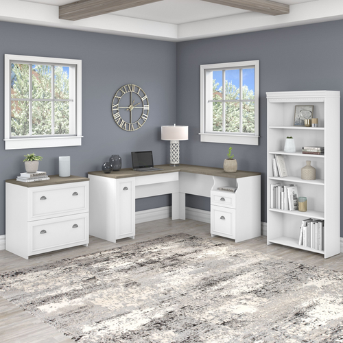 Shop Bush Furniture Fairview 60W L Shaped Desk with Lateral File Cabinet and 5 Shelf Bookcase, Image 01, FV008G2W, #color_shiplap gray/pure white