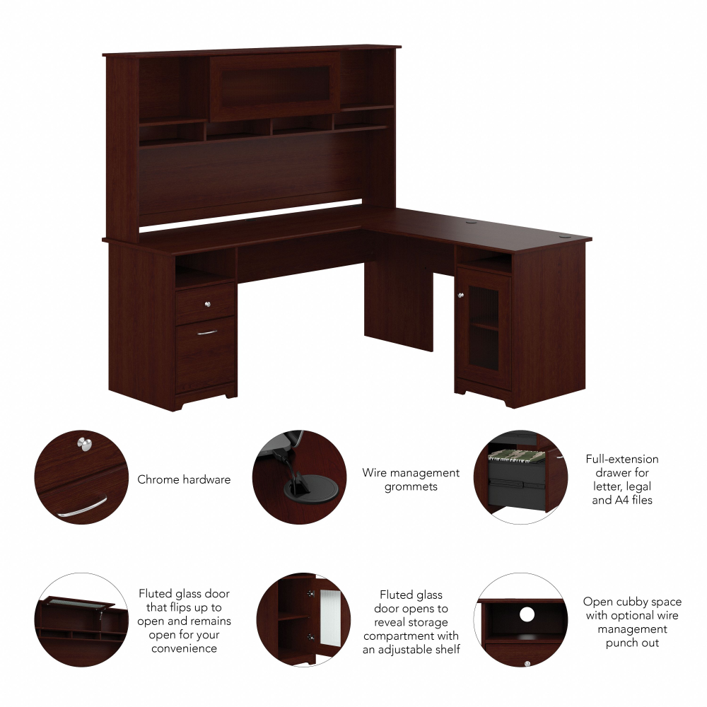 Shop Bush Furniture Cabot 72W L Shaped Computer Desk with Hutch and Storage, Image 06, CAB073HVC, #color_harvest cherry