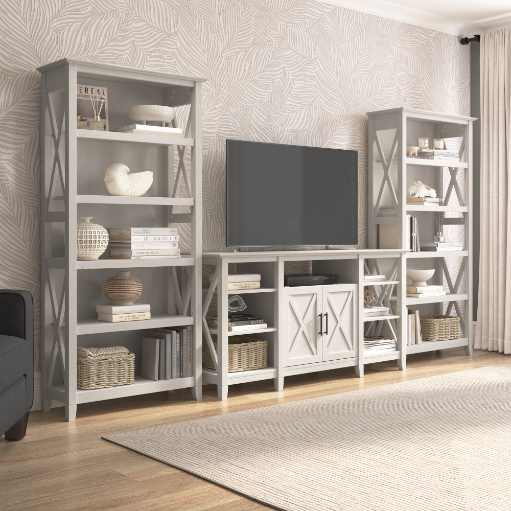 Shop Bush Furniture Key West Tall TV Stand with Set of 2 Bookcases, Image 01, KWS027LW, #color_linen white oak