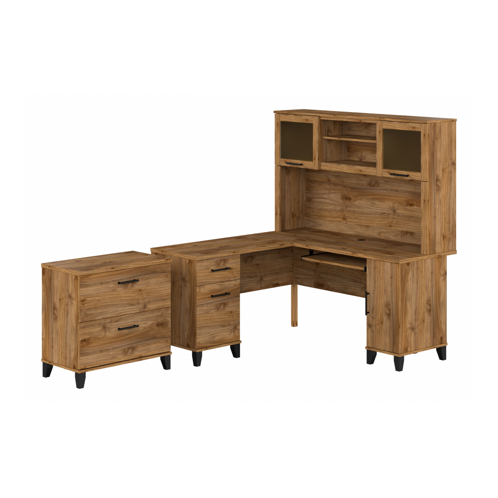 Shop Bush Furniture Somerset 60W L Shaped Desk with Hutch and Lateral File Cabinet, Image 02, SET008FW, #color_fresh walnut