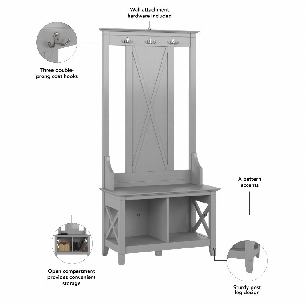 Shop Bush Furniture Key West Hall Tree with Shoe Storage Bench, Image 06, KWS166CG-03, #color_cape cod gray