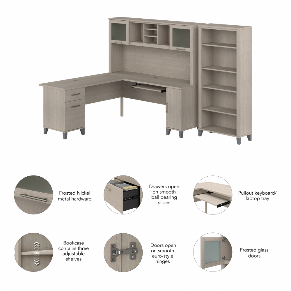 Shop Bush Furniture Somerset 72W L Shaped Desk with Hutch and 5 Shelf Bookcase, Image 07, SET011SO, #color_sand oak