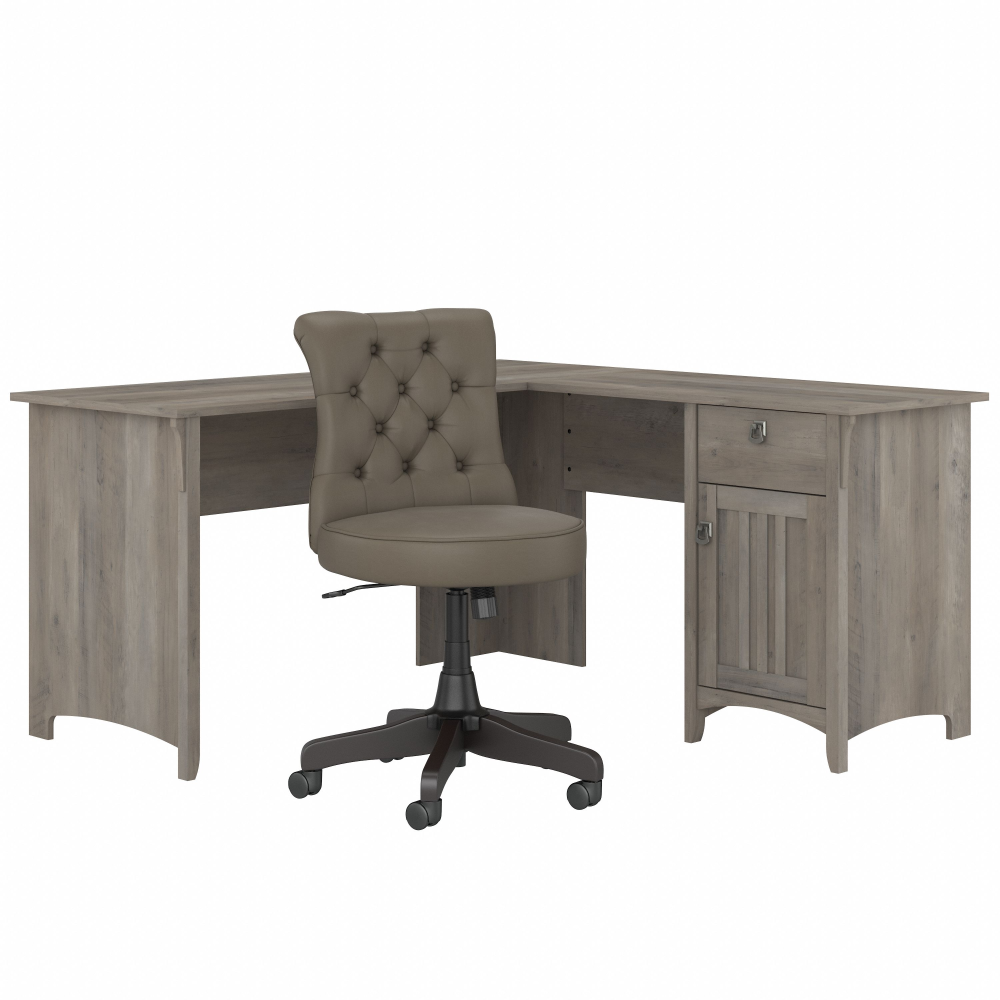 Shop Bush Furniture Salinas 60W L Shaped Desk with Mid Back Tufted Office Chair, Image 02, SAL010DG, #color_driftwood gray