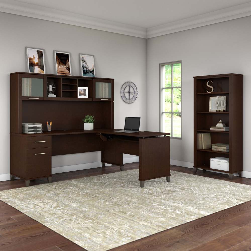 Shop Bush Furniture Somerset 72W 3 Position Sit to Stand L Shaped Desk with Hutch and Bookcase, Image 03, SET017MR, #color_mocha cherry