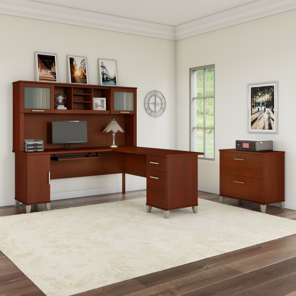 Shop Bush Furniture Somerset 72W L Shaped Desk with Hutch and Lateral File Cabinet, Image 01, SET009HC, #color_hansen cherry