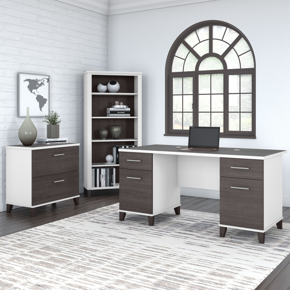 Shop Bush Furniture Somerset 60W Office Desk with Lateral File Cabinet and 5 Shelf Bookcase, Image 01, SET013SGWH, #color_storm gray/white