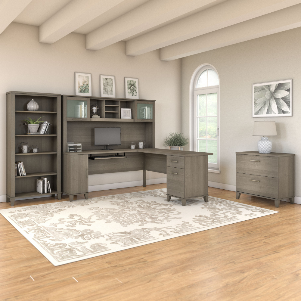 Shop Bush Furniture Somerset 72W L Shaped Desk with Hutch, Lateral File Cabinet and Bookcase, Image 01, SET012AG, #color_ash gray