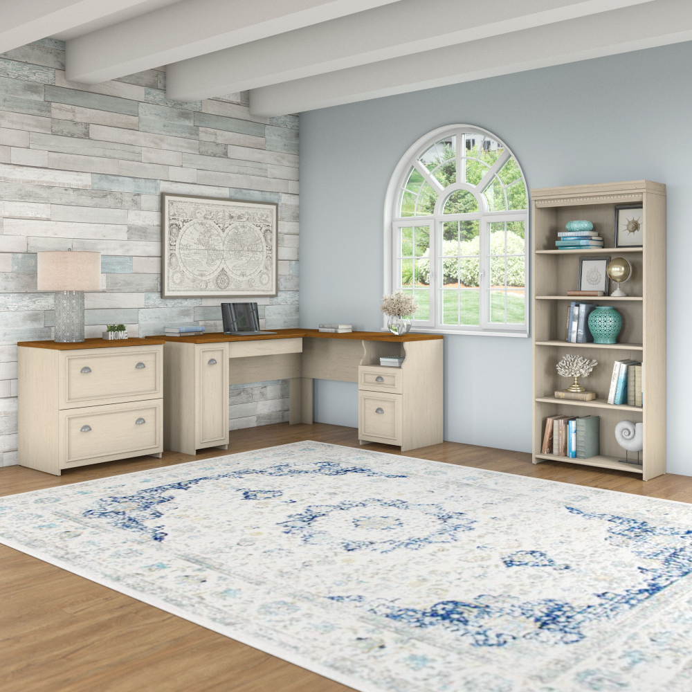Shop Bush Furniture Fairview 60W L Shaped Desk with Lateral File Cabinet and 5 Shelf Bookcase, Image 01, FV008AW, #color_antique white