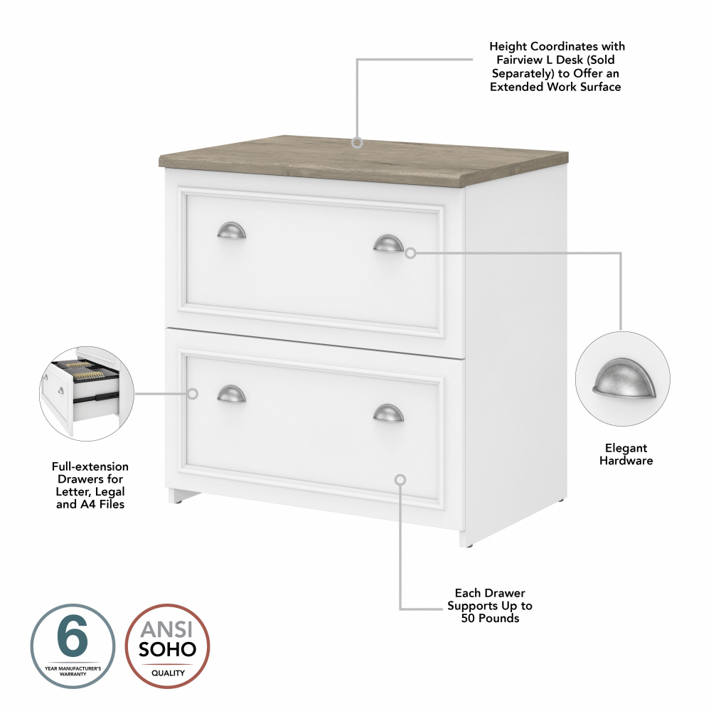 Shop Bush Furniture Fairview 60W L Shaped Desk with Lateral File Cabinet and 5 Shelf Bookcase, Image 08, FV008G2W, #color_shiplap gray/pure white