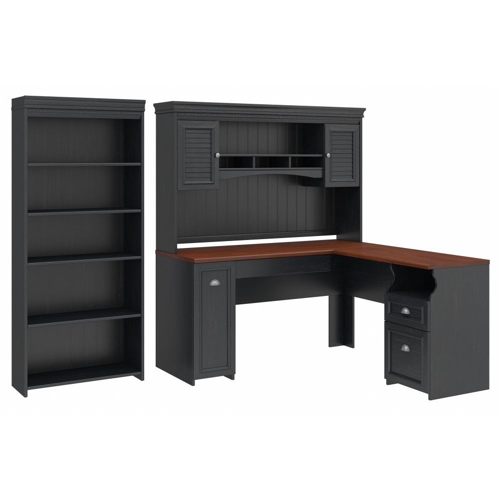 Shop Bush Furniture Fairview 60W L Shaped Desk with Hutch and 5 Shelf Bookcase, Image 02, FV005AB, #color_antique black