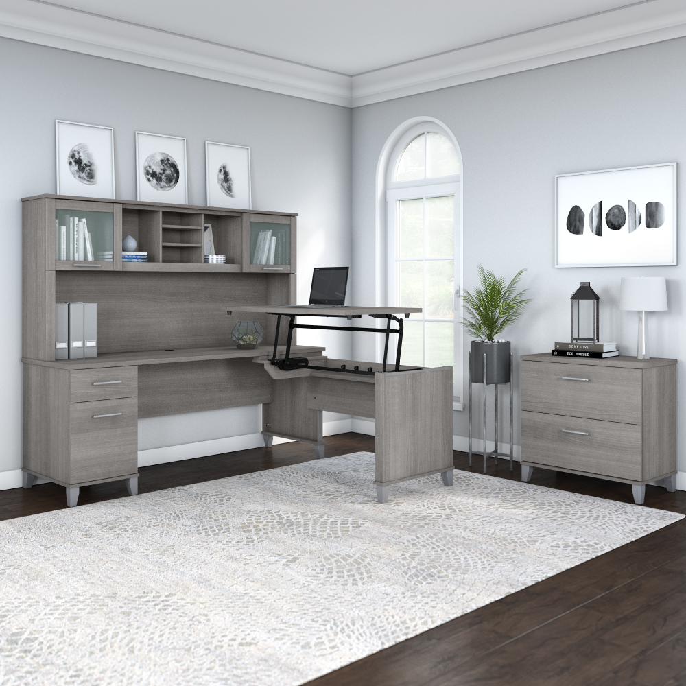 Shop Bush Furniture Somerset 72W 3 Position Sit to Stand L Shaped Desk with Hutch and File Cabinet, Image 01, SET016PG, #color_platinum gray