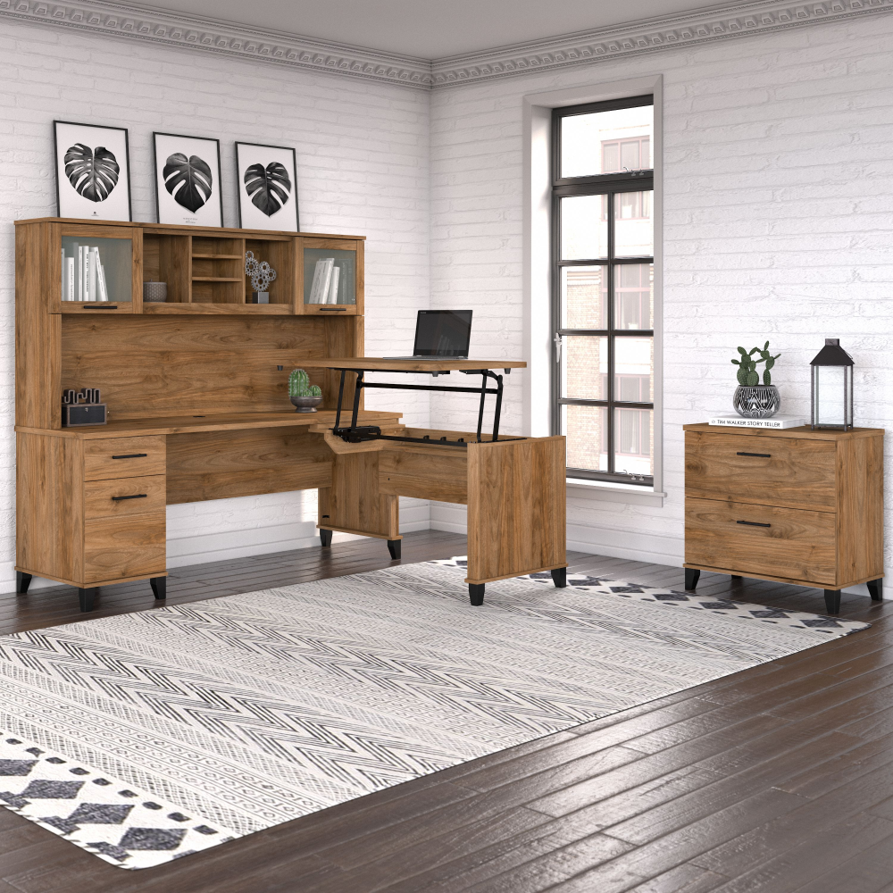 Shop Bush Furniture Somerset 72W 3 Position Sit to Stand L Shaped Desk with Hutch and File Cabinet, Image 01, SET016FW, #color_fresh walnut
