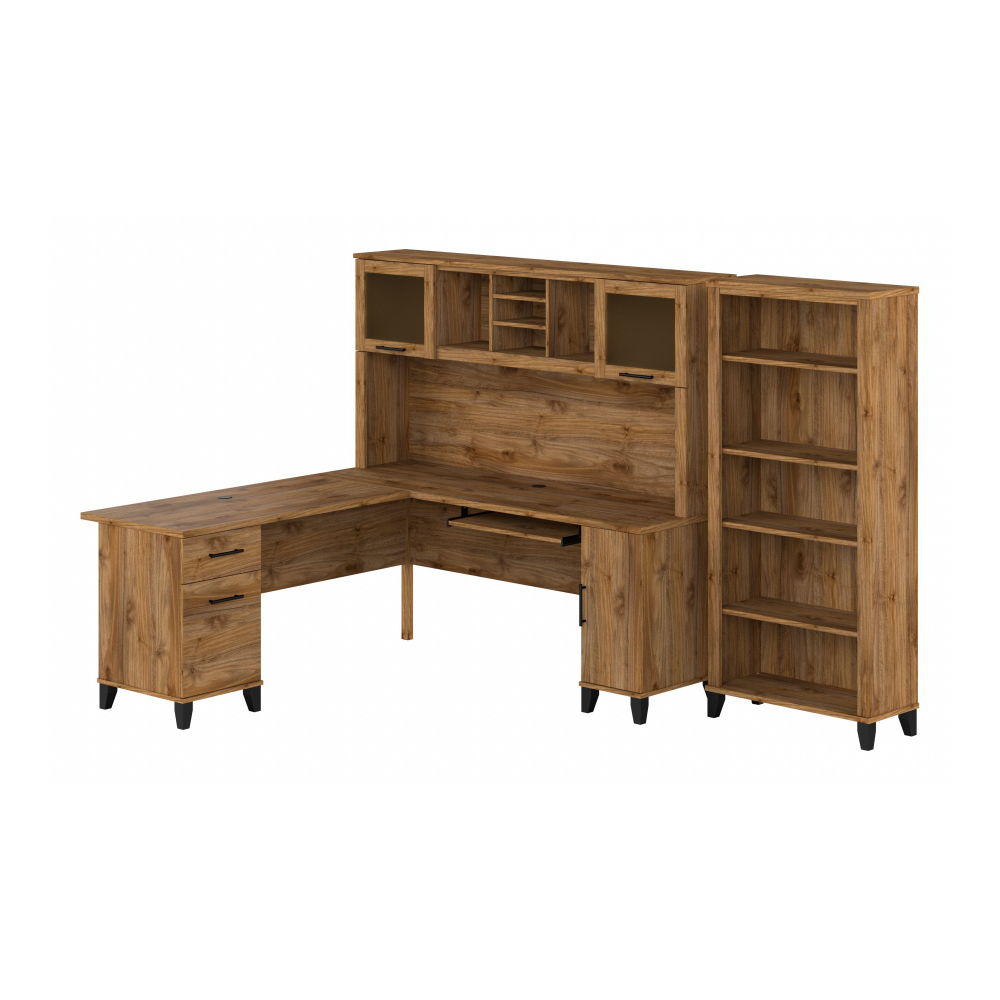 Shop Bush Furniture Somerset 72W L Shaped Desk with Hutch and 5 Shelf Bookcase, Image 02, SET011FW, #color_fresh walnut