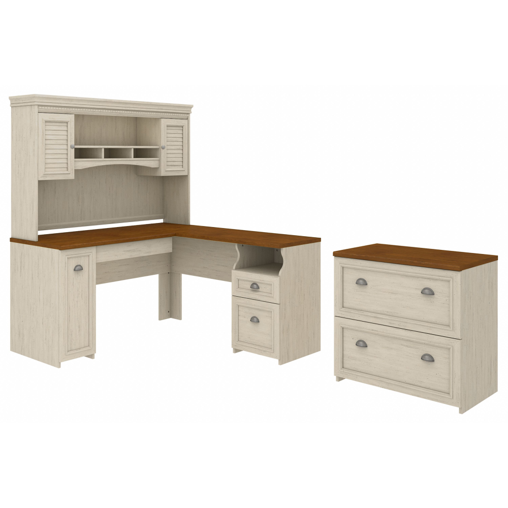 Shop Bush Furniture Fairview 60W L Shaped Desk with Hutch and Lateral File Cabinet, Image 02, FV003AW, #color_antique white/tea maple