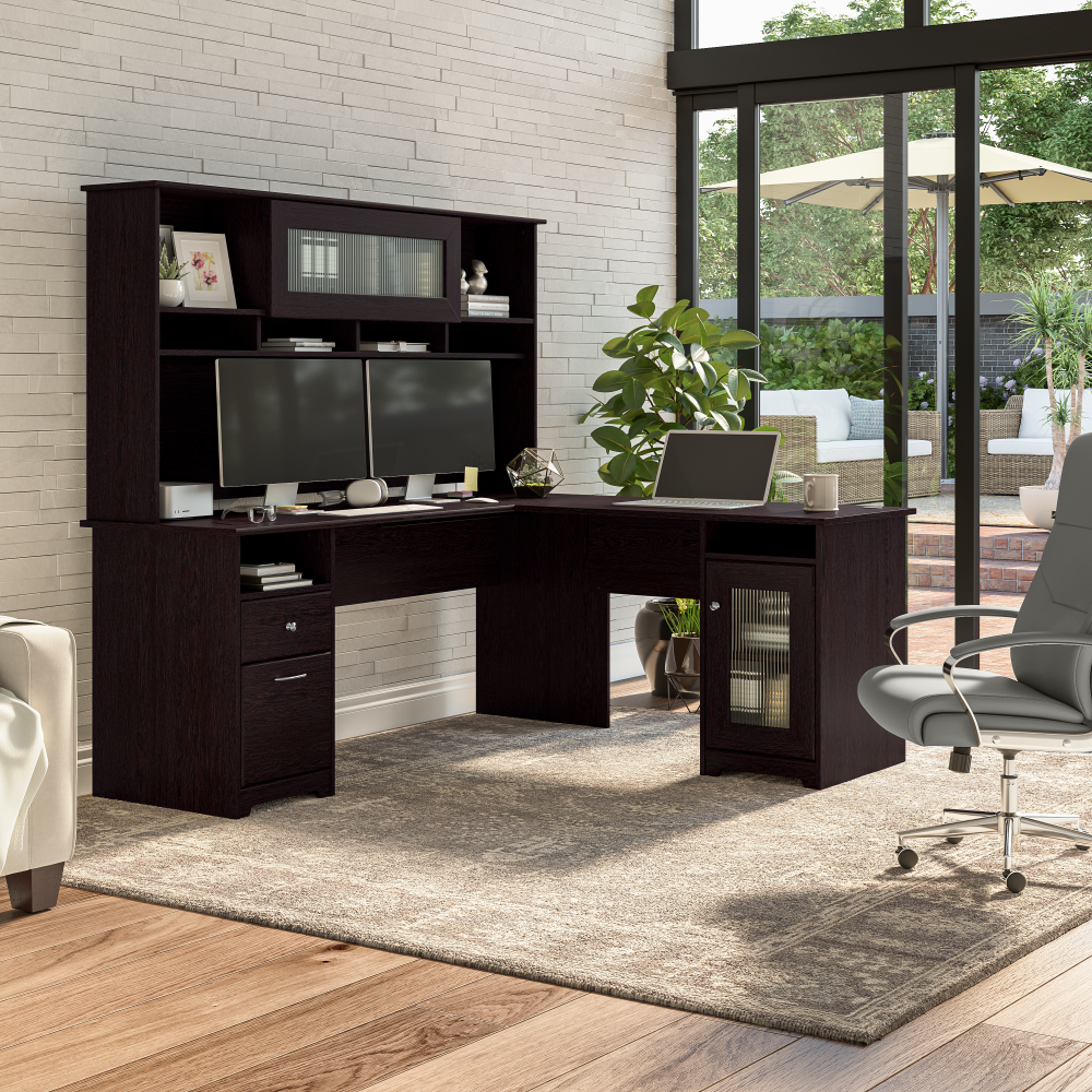 Shop Bush Furniture Cabot 72W L Shaped Computer Desk with Hutch and Storage, Image 01, CAB073EPO, #color_espresso oak
