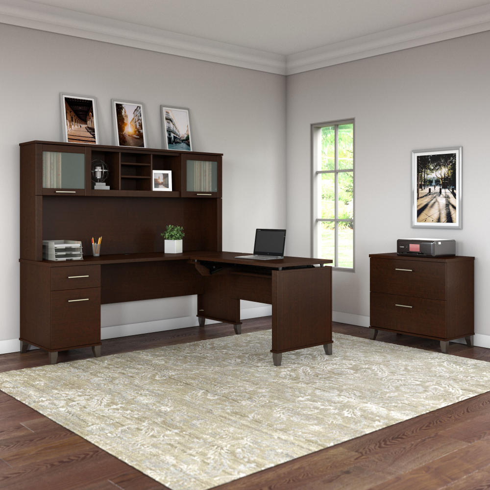 Shop Bush Furniture Somerset 72W 3 Position Sit to Stand L Shaped Desk with Hutch and File Cabinet, Image 03, SET016MR, #color_mocha cherry