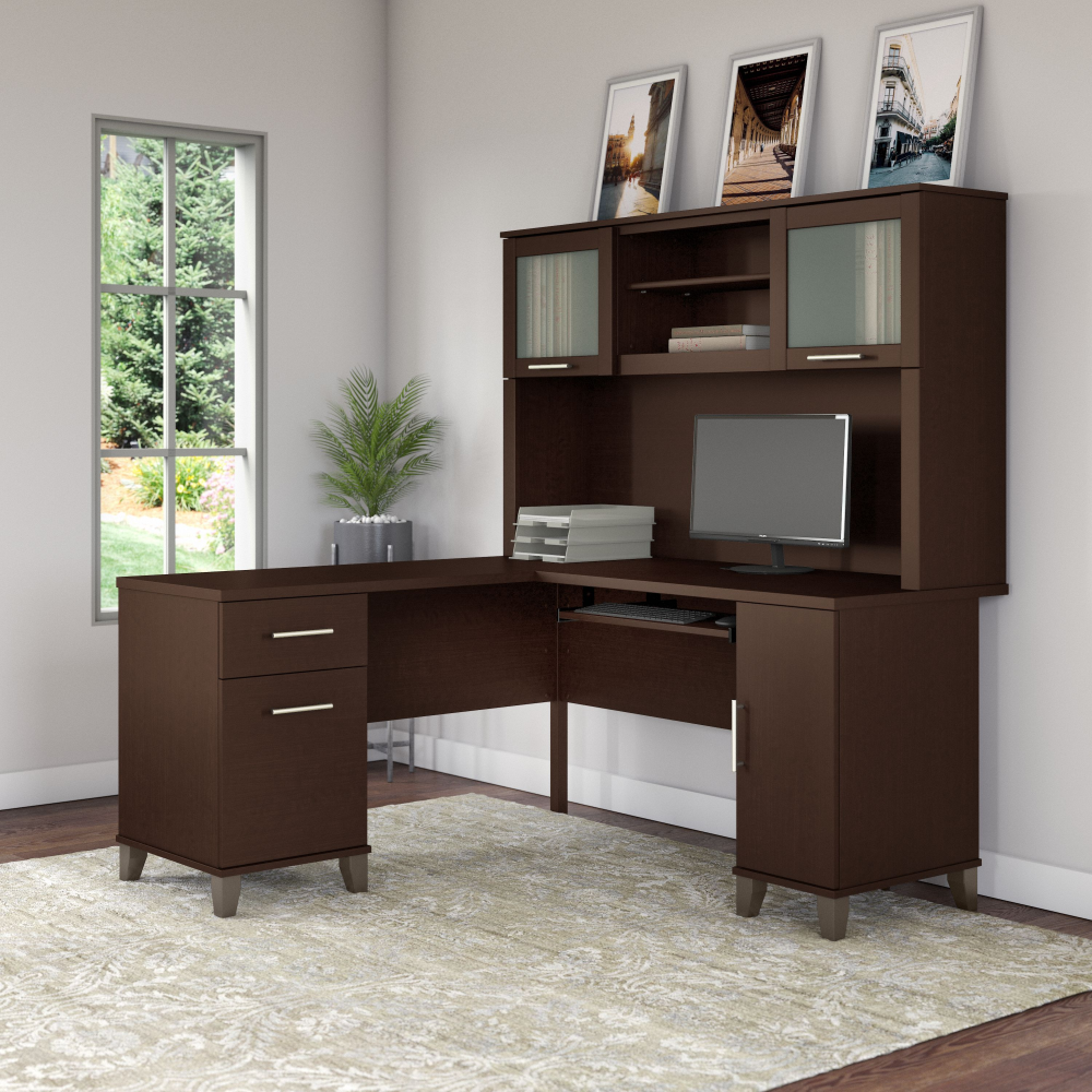 Shop Bush Furniture Somerset 60W L Shaped Desk with Hutch, Image 01, SET002MR, #color_mocha cherry