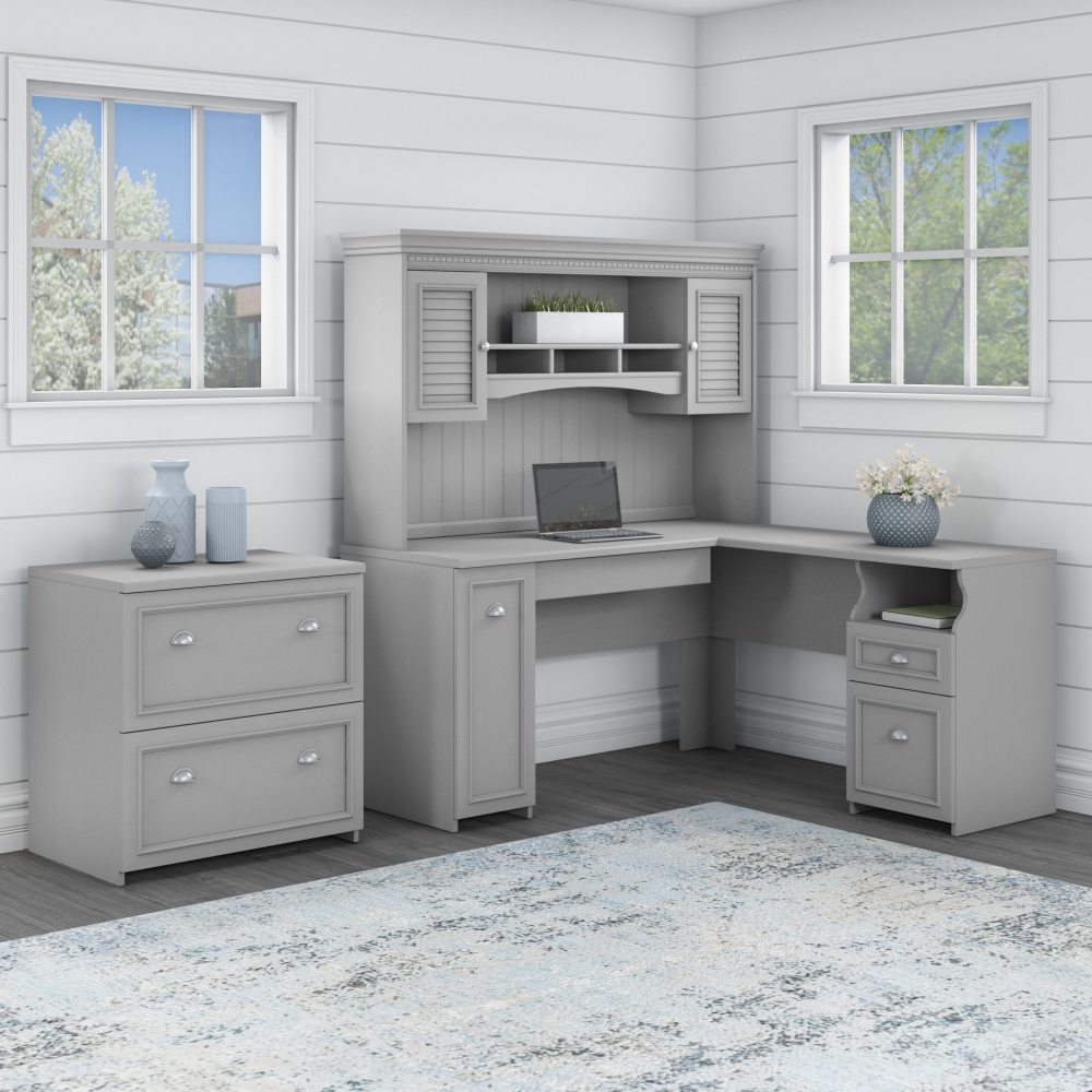 Shop Bush Furniture Fairview 60W L Shaped Desk with Hutch and Lateral File Cabinet, Image 01, FV003CG, #color_cape cod gray