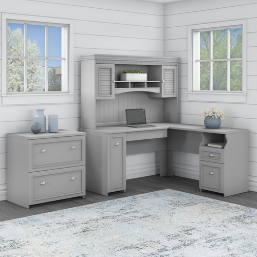 Shop Bush Furniture Fairview 60W L Shaped Desk with Hutch and Lateral File Cabinet, Image 01, FV003CG, #color_cape cod gray