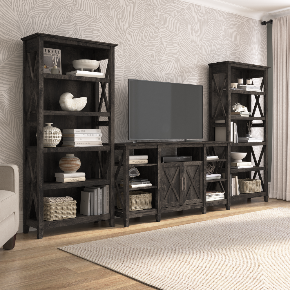 Shop Bush Furniture Key West Tall TV Stand with Set of 2 Bookcases, Image 01, KWS027GH, #color_dark gray hickory