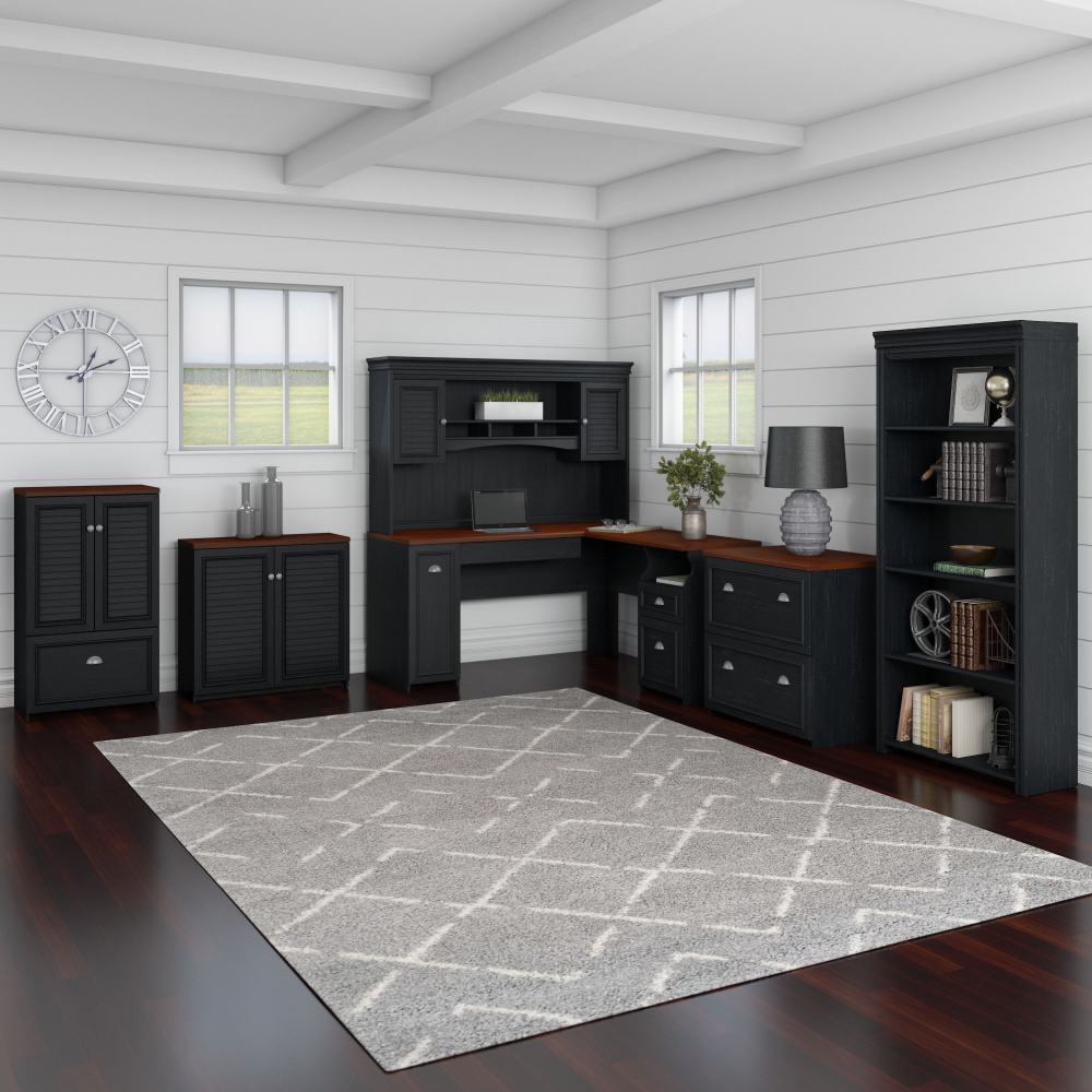 Shop Bush Furniture Fairview 60W L Shaped Desk with Hutch, Bookcase, Storage and File Cabinets, Image 01, FV014AB, #color_antique black/hansen cherry