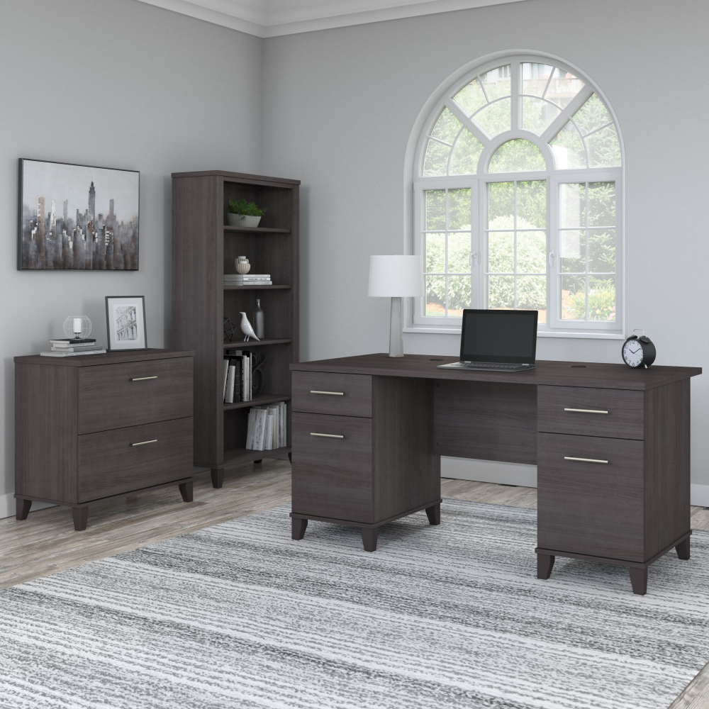 Shop Bush Furniture Somerset 60W Office Desk with Lateral File Cabinet and 5 Shelf Bookcase, Image 01, SET013SG, #color_storm gray