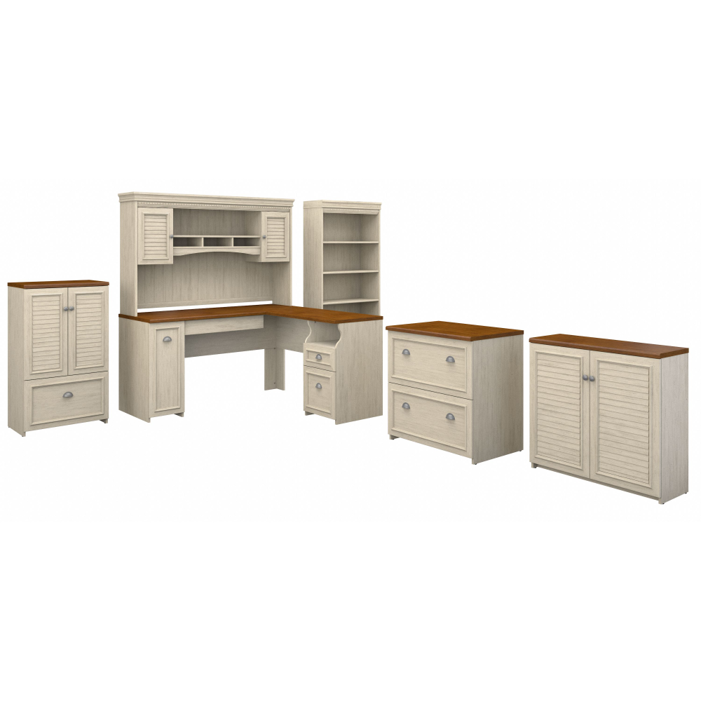 Shop Bush Furniture Fairview 60W L Shaped Desk with Hutch, Bookcase, Storage and File Cabinets, Image 02, FV014AW, #color_antique white/tea maple
