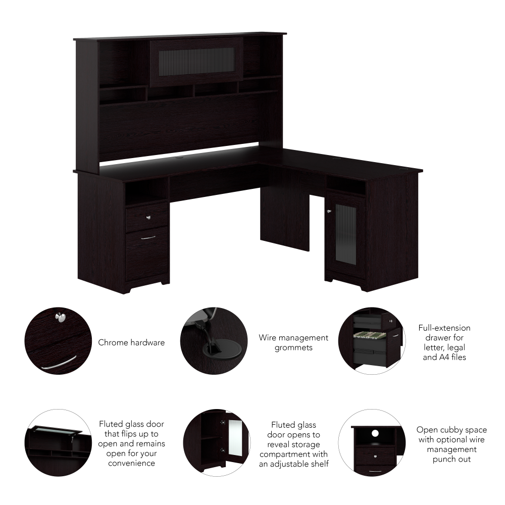 Shop Bush Furniture Cabot 72W L Shaped Computer Desk with Hutch and Storage, Image 03, CAB073EPO, #color_espresso oak