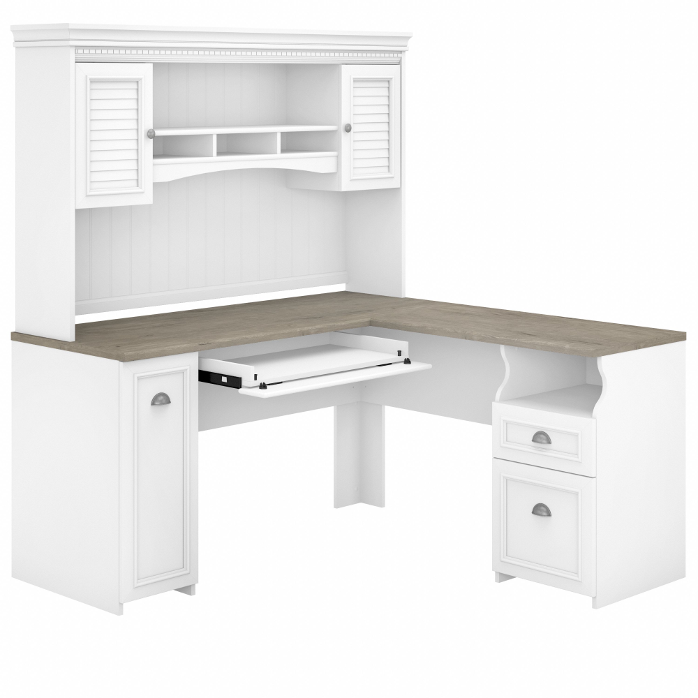 Shop Bush Furniture Fairview 60W L Shaped Desk with Hutch, Image 02, FV004G2W, #color_shiplap gray/pure white