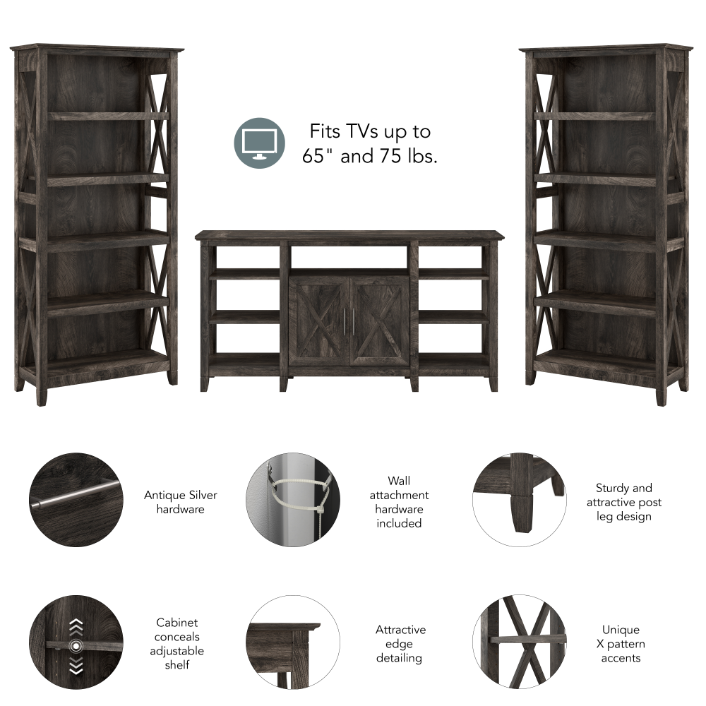 Shop Bush Furniture Key West Tall TV Stand with Set of 2 Bookcases, Image 06, KWS027GH, #color_dark gray hickory