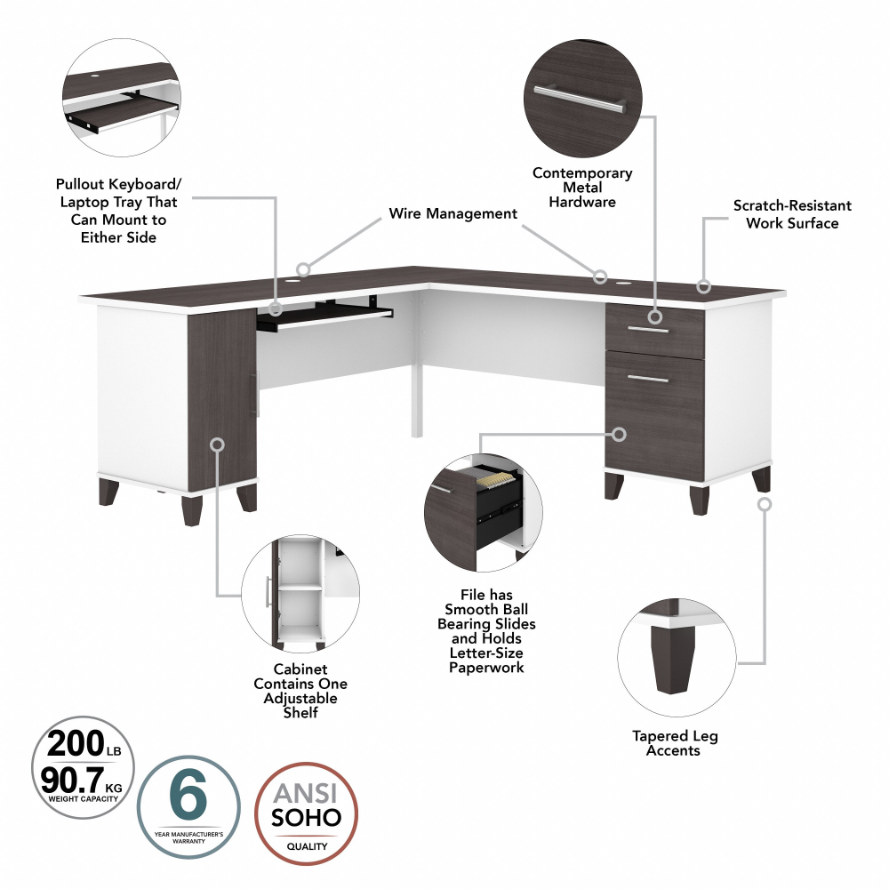 Shop Bush Furniture Somerset 72W L Shaped Desk with Hutch, Lateral File Cabinet and Bookcase, Image 06, SET012SGWH, #color_storm gray/white