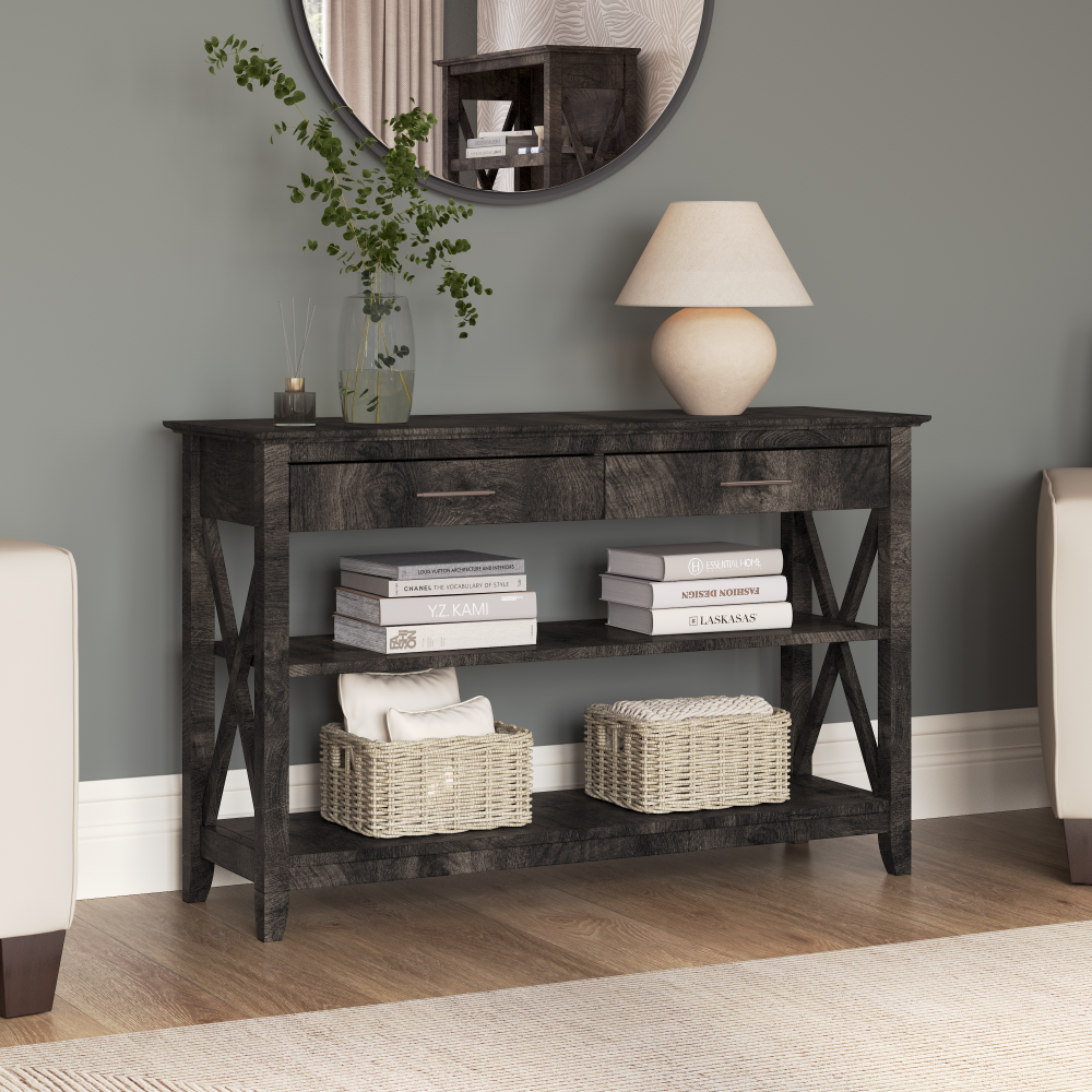 Shop Bush Furniture Key West Console Table with Drawers and Shelves, Image 01, KWT248GH-03, #color_dark gray hickory