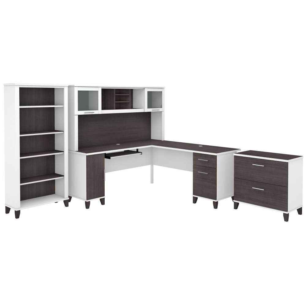 Shop Bush Furniture Somerset 72W L Shaped Desk with Hutch, Lateral File Cabinet and Bookcase, Image 02, SET012SGWH, #color_storm gray/white