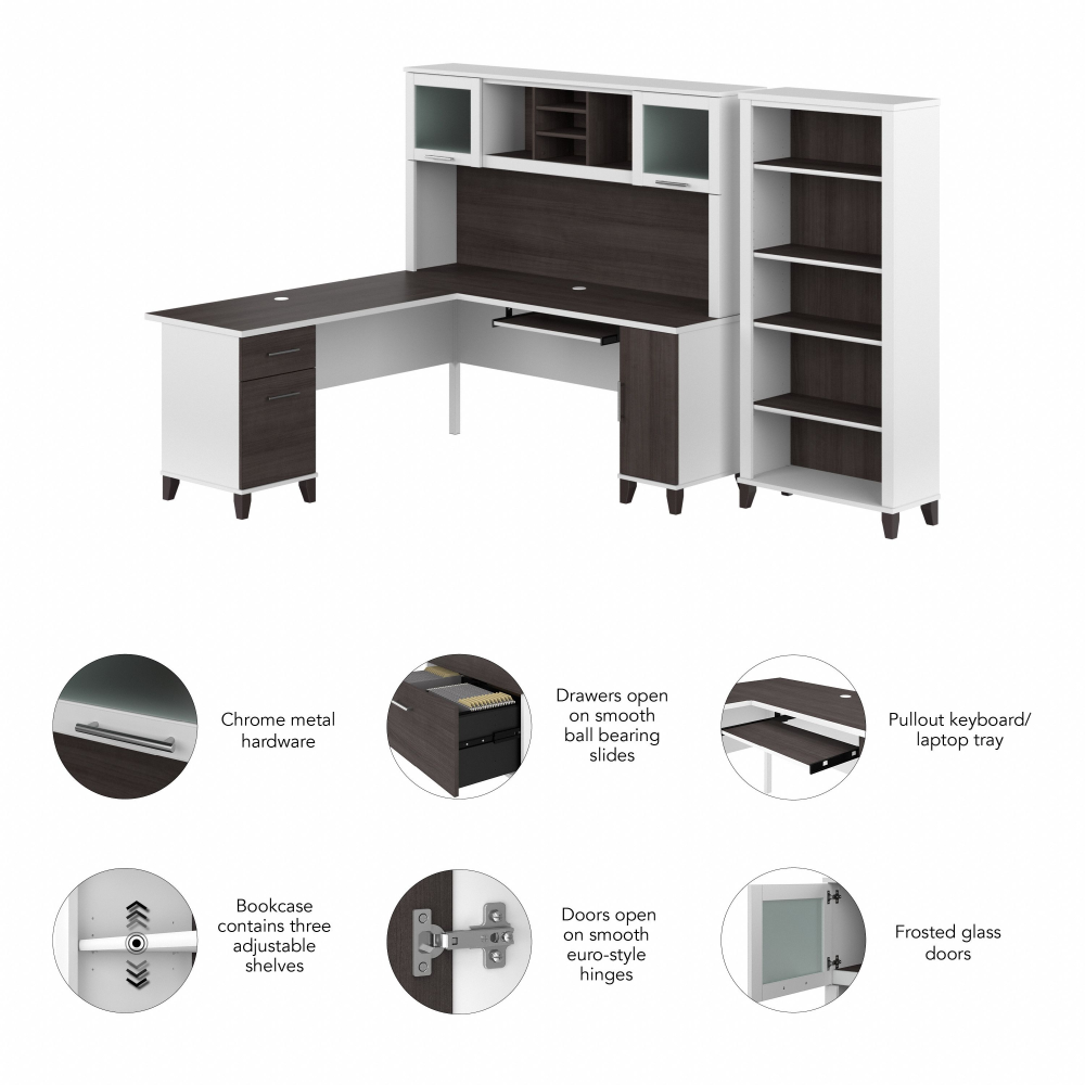 Shop Bush Furniture Somerset 72W L Shaped Desk with Hutch and 5 Shelf Bookcase, Image 06, SET011SGWH, #color_storm gray/white