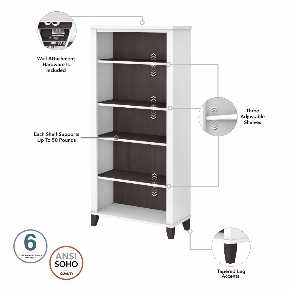 Shop Bush Furniture Somerset 60W Office Desk with Lateral File Cabinet and 5 Shelf Bookcase, Image 07, SET013SGWH, #color_storm gray/white