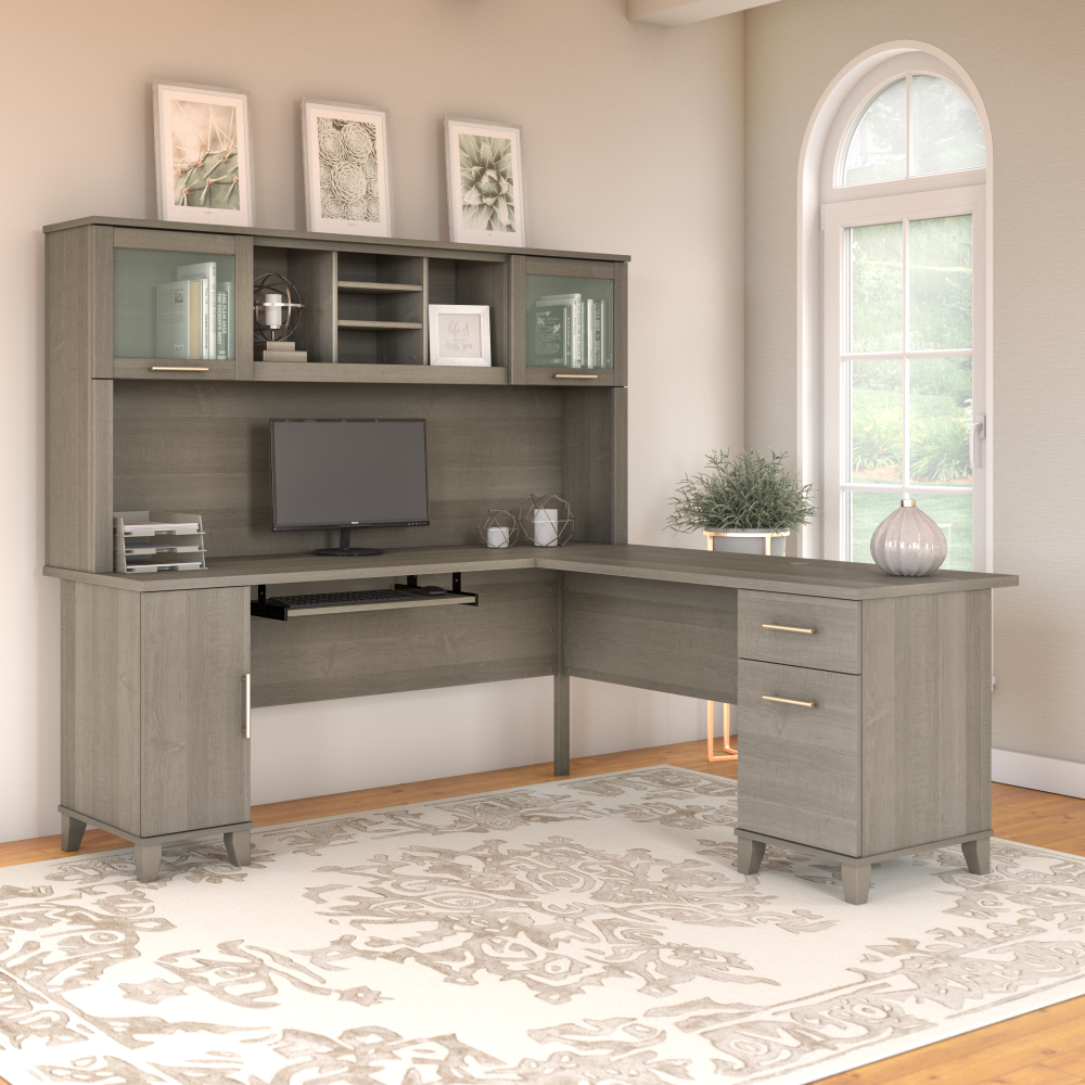 Shop Bush Furniture Somerset 72W L Shaped Desk with Hutch, Image 01, SET001AG, #color_ash gray