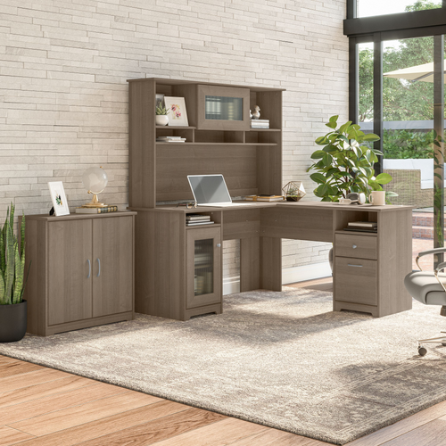 Shop Bush Furniture Cabot 60W L Shaped Computer Desk with Hutch and Small Storage Cabinet, Image 01, CAB016AG, #color_ash gray