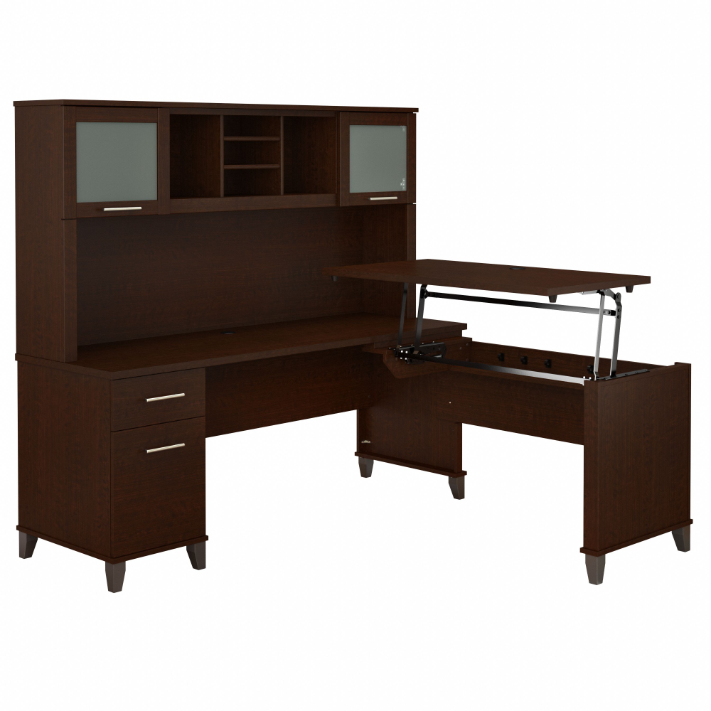 Shop Bush Furniture Somerset 72W 3 Position Sit to Stand L Shaped Desk with Hutch, Image 02, SET015MR, #color_mocha cherry