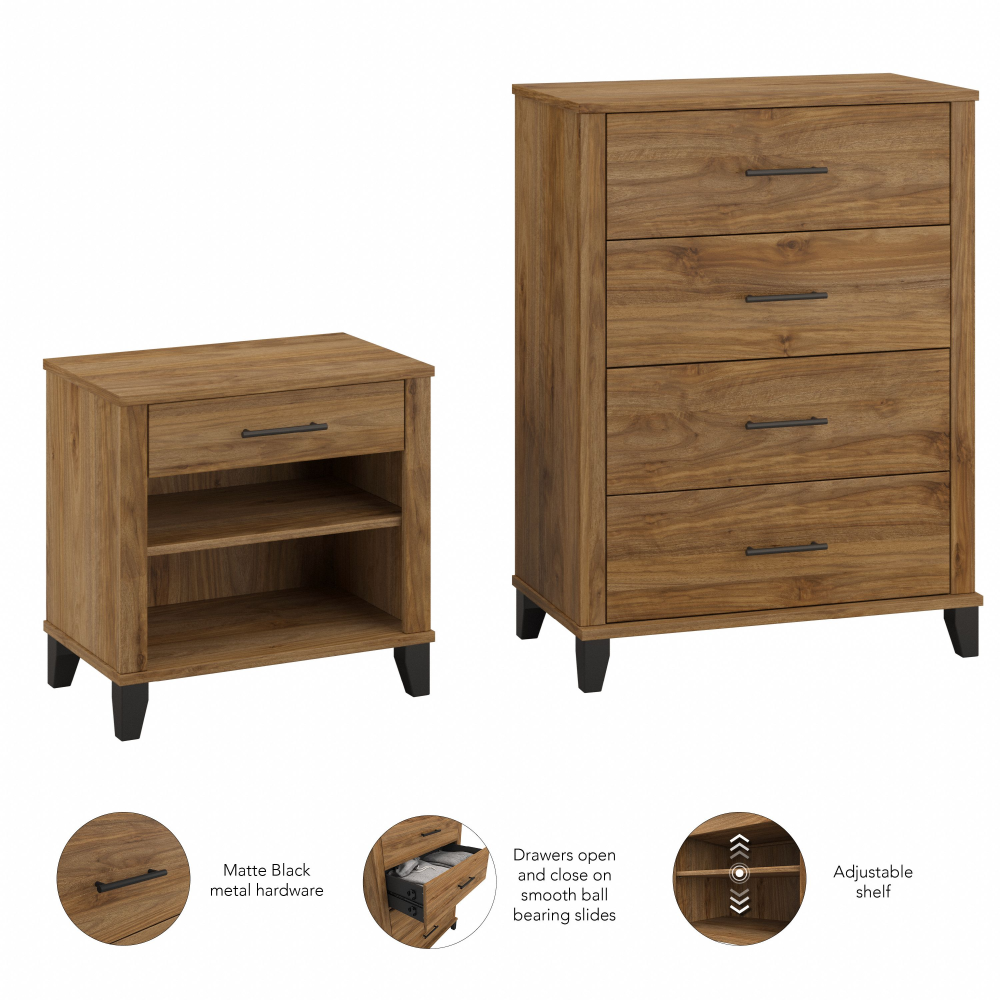 Shop Bush Furniture Somerset Chest of Drawers and Nightstand Set, Image 07, SET034FW, #color_fresh walnut
