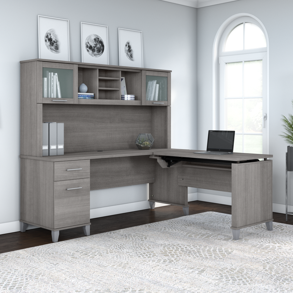 Shop Bush Furniture Somerset 72W 3 Position Sit to Stand L Shaped Desk with Hutch, Image 03, SET015PG, #color_platinum gray