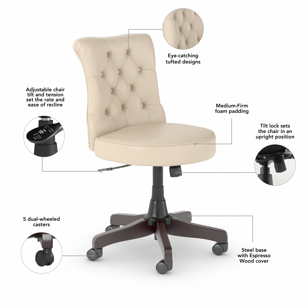 Shop Bush Furniture Salinas 60W L Shaped Desk with Mid Back Tufted Office Chair, Image 06, SAL010AW, #color_antique white