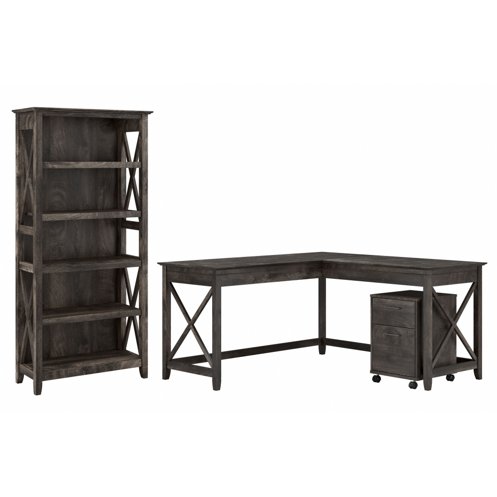 Shop Bush Furniture Key West 60W L Shaped Desk with 2 Drawer Mobile File Cabinet and 5 Shelf Bookcase, Image 02, KWS016GH, #color_dark gray hickory