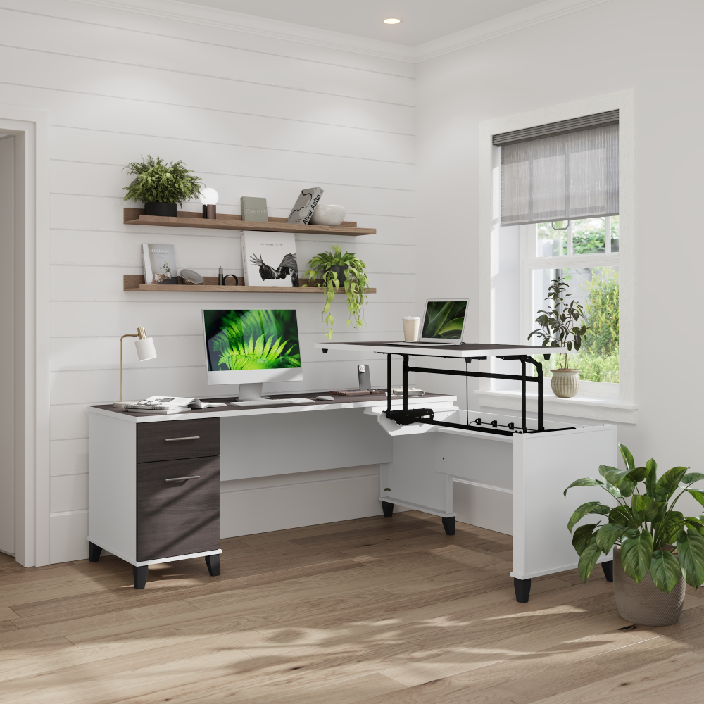 Shop Bush Furniture Somerset 72W 3 Position Sit to Stand L Shaped Desk, Image 01, SET014SGWH, #color_storm gray/white