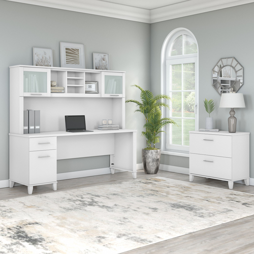 Shop Bush Furniture Somerset 72W Office Desk with Hutch and Lateral File Cabinet, Image 01, SET019WH, #color_white