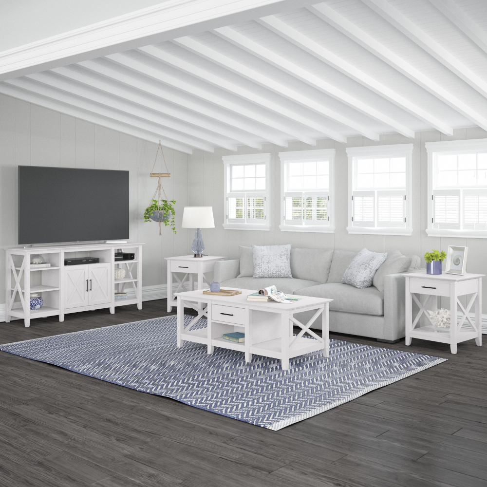 Shop Bush Furniture Key West Tall TV Stand with Coffee Table and Set of 2 End Tables, Image 01, KWS025WT, #color_pure white oak