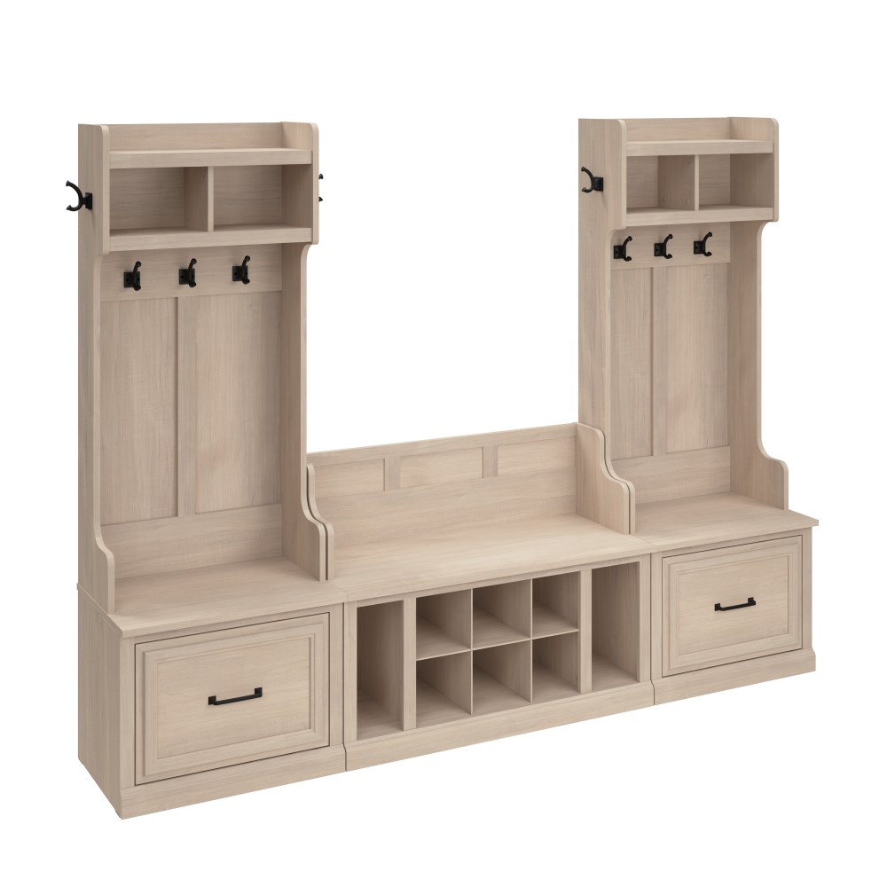 Shop Bush Furniture Woodland Entryway Storage Set with Hall Trees and Shoe Bench with Drawers, Image 02, WDL012WM, #color_white washed maple