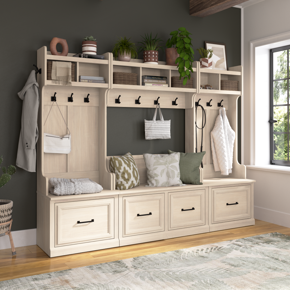 Shop Bush Furniture Woodland Entryway Storage Set with Hall Trees and Shoe Bench with Drawers, Image 03, WDL012WM, #color_white washed maple