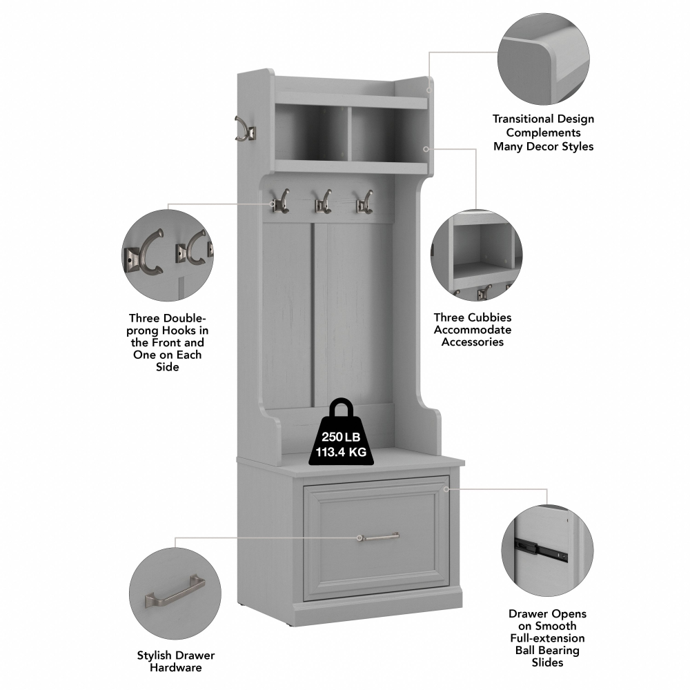 Shop Bush Furniture Woodland Full Entryway Storage Set with Coat Rack and Shoe Bench with Drawers, Image 06, WDL014CG, #color_cape cod gray